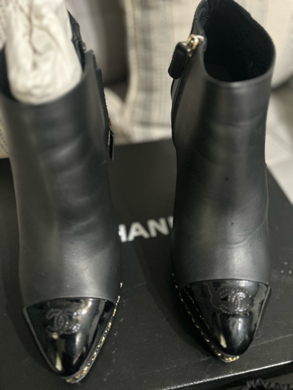 CHANEL Black Leather Peep-Toe Ankle Booties with Patent Cap Toe - Picture 5 of 8